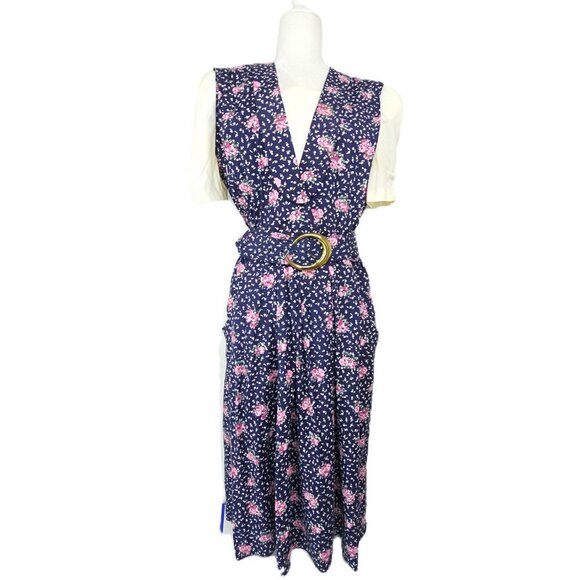 VTG 80S Navy Pink Polka Dot Puff Sleeve Tradwife Maxi Secretary Maxi Dress - Picture 1 of 13
